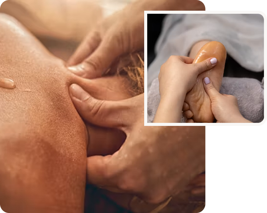 Hands applying focused massage to the back and foot
